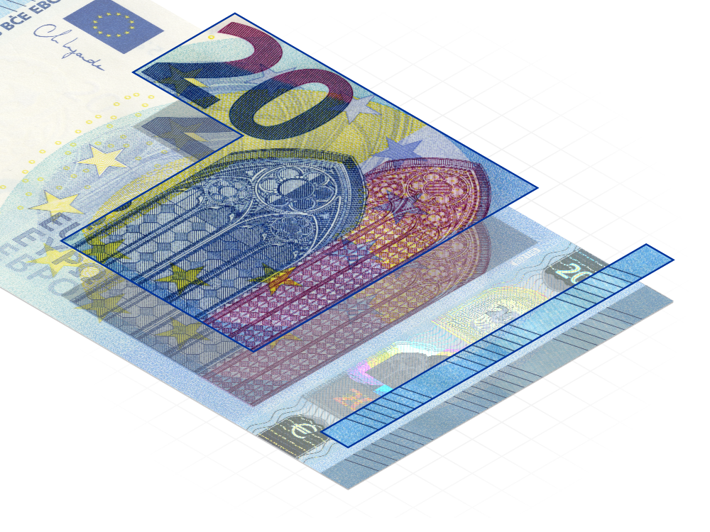 Nærbillede af en 20-euroseddel, hvor relieftrykket fremhæves: tallet, det store billede med forskellige arkitektoniske stilarter, og følbare mærker.